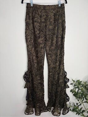 NWOT UNGARO Women's Black & Gold Lace Flared Pants